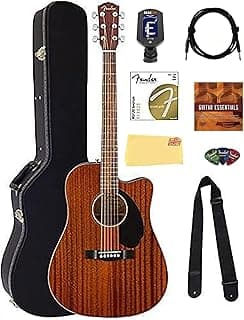 Fender CD-60SCE Solid Top Dreadnought Acoustic-Electric Guitar - All Mahogany Bundle with Hard Case, Tuner, Instrument Cable, Strap, Strings, Picks, Austin Bazaar Polishing Cloth and Instructional DVD