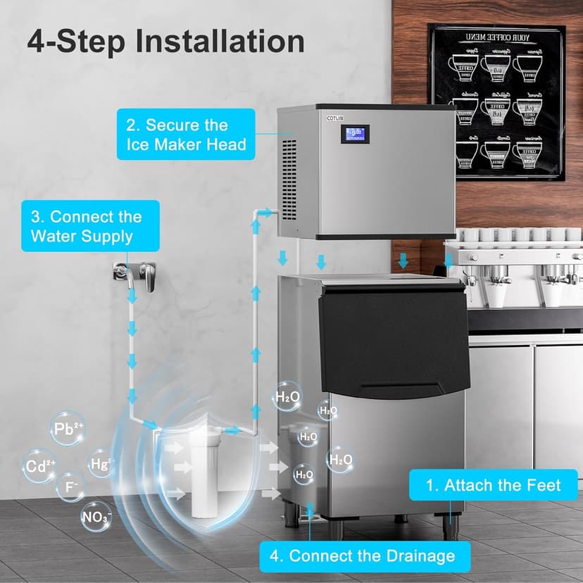 COTLIN Commercial Ice Maker, 550LBS/24H with 350LBS Storage, Commercial Ice Machine with Self-Cleaning, Ice Ready in 5–15 Min, Timing Function, Ice Thickness Adjustment, Stainless Steel, ETL Approval