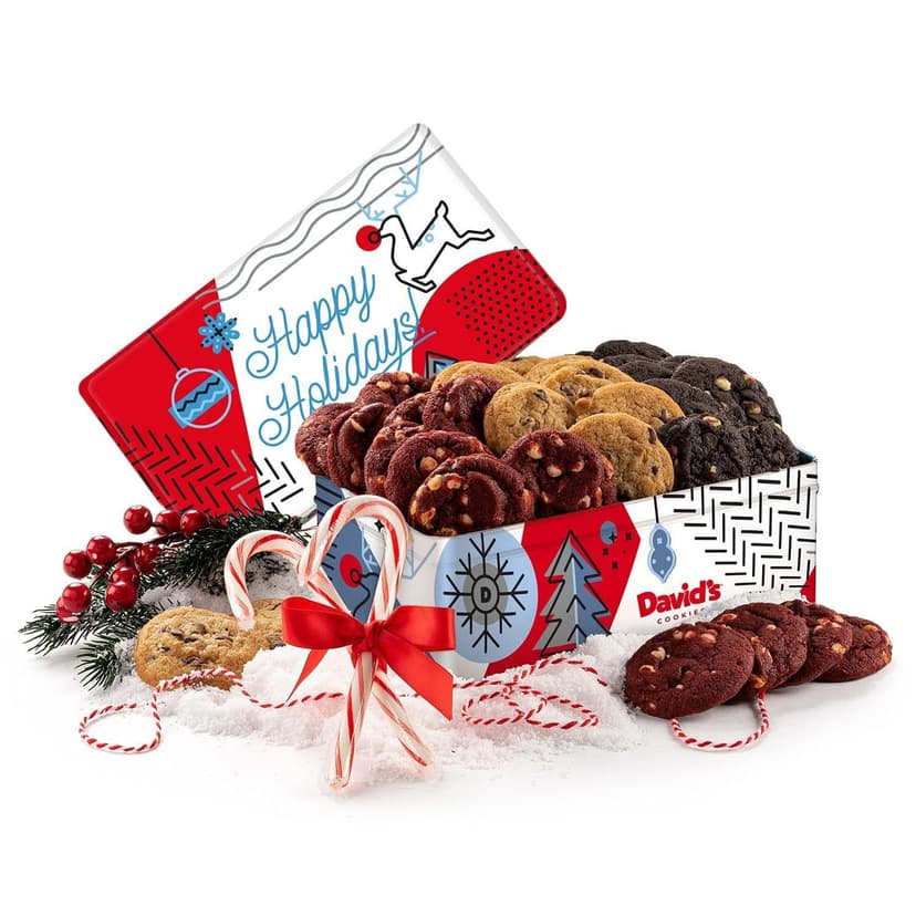David's Cookies Christmas Cookies Gift Box - Fresh Baked Assorted Mini Cookies in Winterwonderland Tin with Chocolate Chip, White Chocolate Chip & Red Velvet - Gourmet Holiday Food Gift Basket