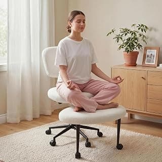 Waleaf Ergonomic Cross Legged Office Chair with Wheels, ADHD Chair for Adults, Meditation Chair, Yoga Office Chair, Kneeling Chairs with Comfortable Back Support, Height Adjustable, Teddy Fabric