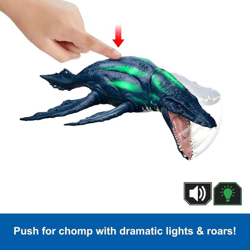 Mattel Jurassic World Wild Roar Brachauchenius Dinosaur Action Figure Toy with Chomp Attack, Light Up Feature & Roar Sound, Scan Code for Digital Play