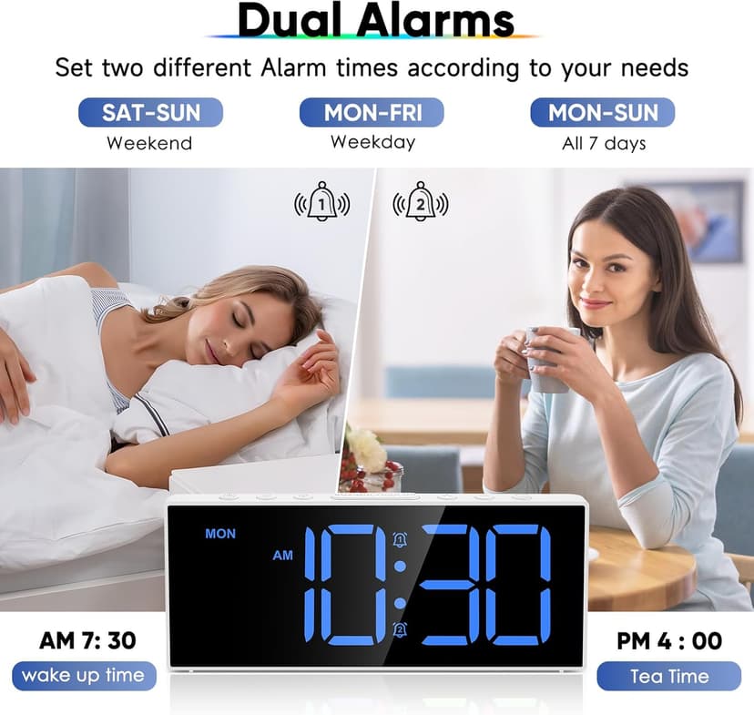Alarm Clock with Large Display Big Numbers,5 Levels Brightness,Snooze,USB Charging Port,LED and Mirror Desk Clock,Dual Alarms Modern Electronic Clock for Bedroom Home Living Room Office. (White)