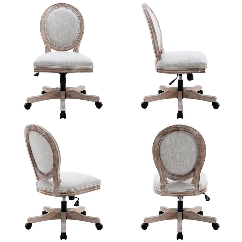 LukeAlon Vintage Linen 360° Swivel Chair, Beige Adjustable Height Task Chair, Armless Wood Frame, Round Back & Wheels for Home Office Study