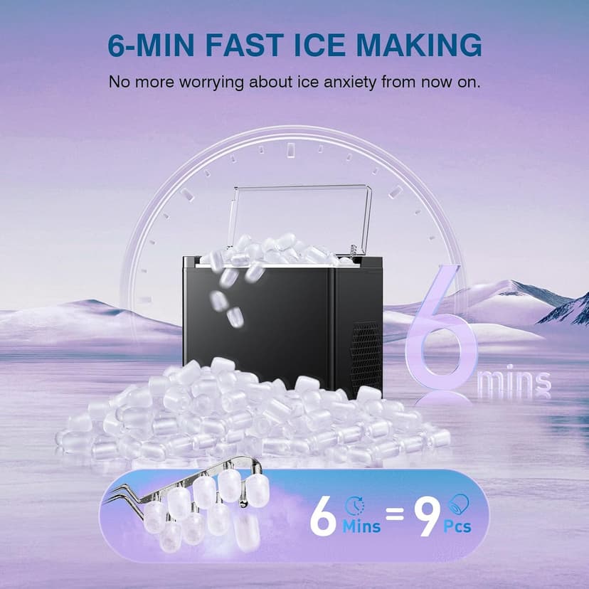 Ice Makers Countertop, 9 Ice Cubes in 6 Mins Portable Ice Maker, 2 Sizes of Bullet Ice (S/L) Small Ice Machine for Home Kitchen Camping (Onyx)