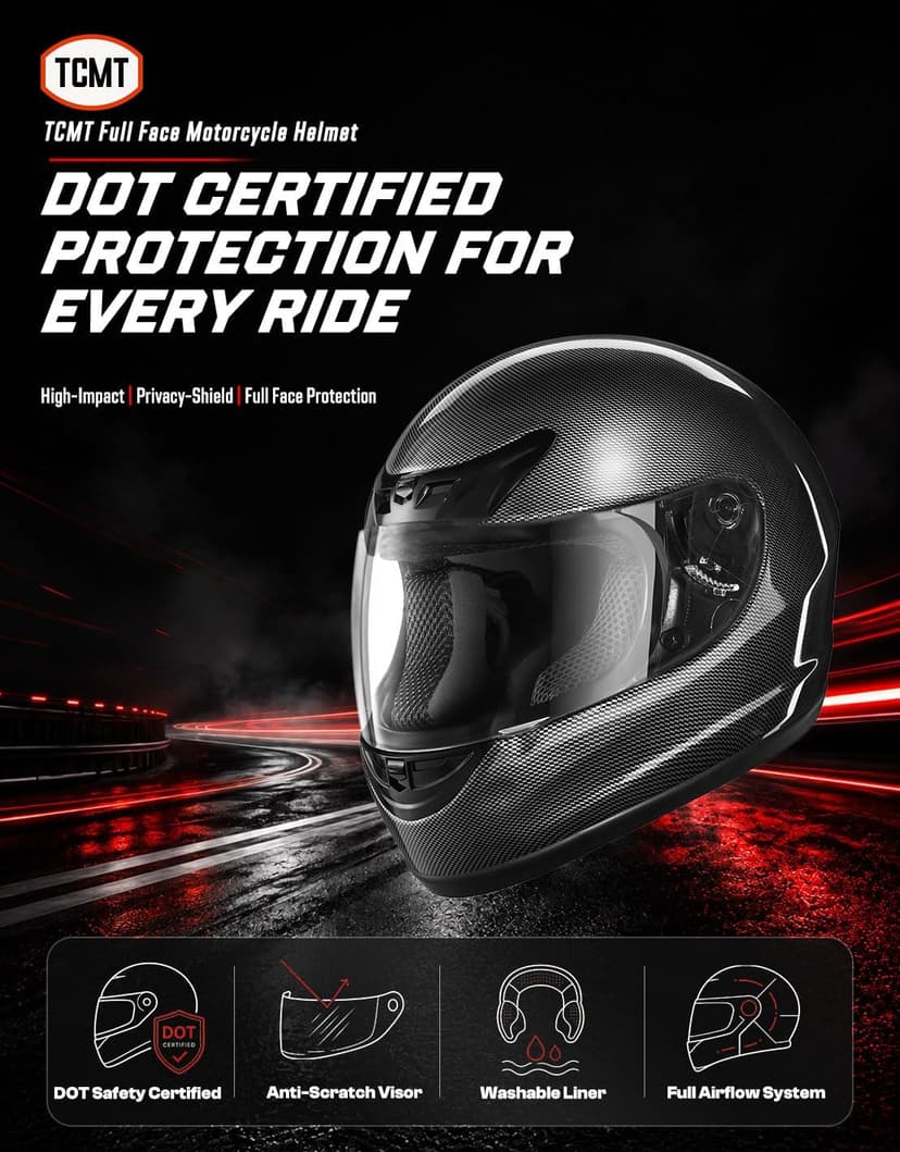 TCMT Full Face Motorcycle Helmet for Adults Men Women, Lightweight Polycarbonate Street Bike Dirt Bike Helmet with Anti-Scratch Mirror Shield and Removable Liner, DOT Approved