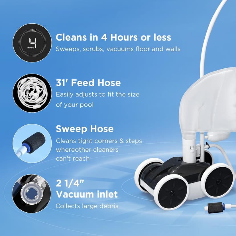 MAKHOON Upgrade Pool Pressure Side Sweeper: Professional Solution for Cleaning Your Swimming Pool (Four Wheels are Better Than Three) Need 1.5" Female Thread Pool Booster Pump Inlet, 4 Bar Pressure