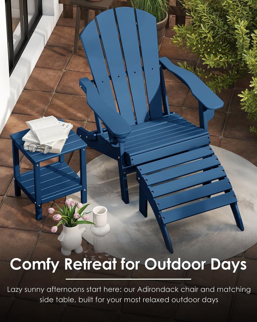 GREENVINES Folding-Adirondack-Chairs-Set-of-6 | w/Cup Holder| HDPE Plastic | All-Weather Patio Fire Pit Chairs | for Outdoor Poolside Deck | Blue
