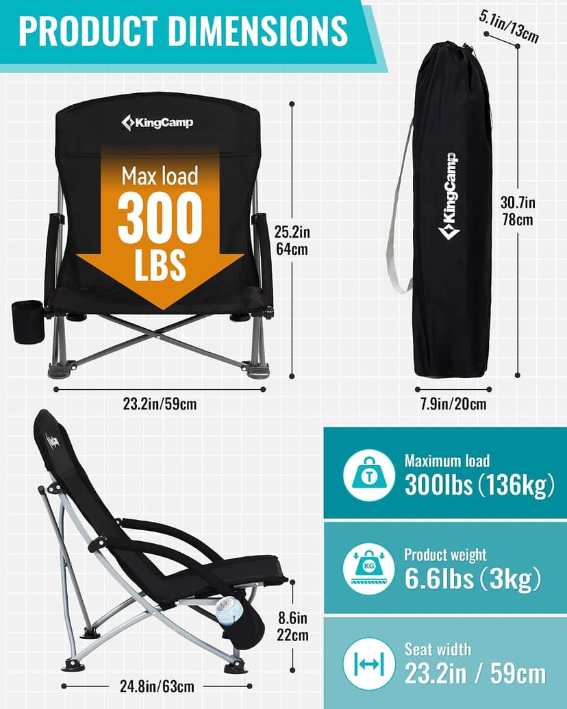 KingCamp Low Beach Chair, High Back Folding Camping Chair for Adults, Oversized Breathable Mesh Seat, 300lbs Heavy Duty Portable Chair with Cup Holder & Storage Pockets for Beach, Outdoor