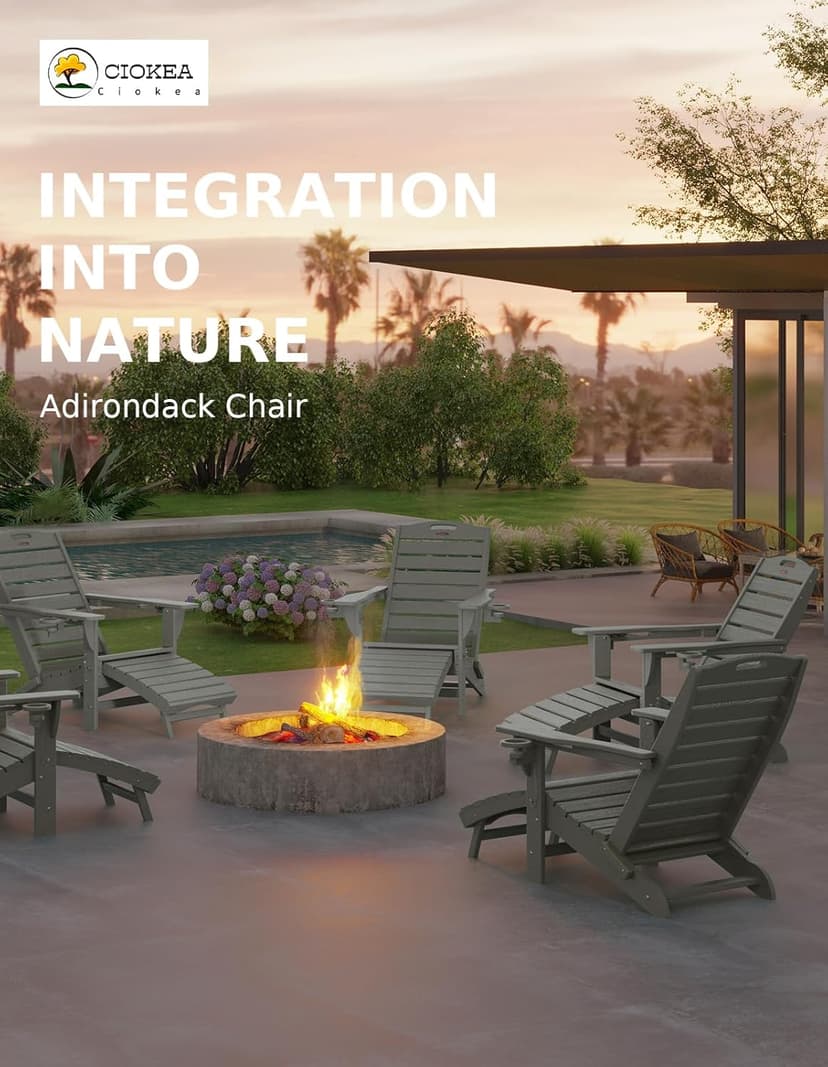 Ciokea Folding Adirondack Chair with Retractable Ottoman Fire Pit Patio Chair with Pull Out Foot Rest Weather Resistant Lawn Outdoor Lounge Chair with 2 Cup Holder (Grey)