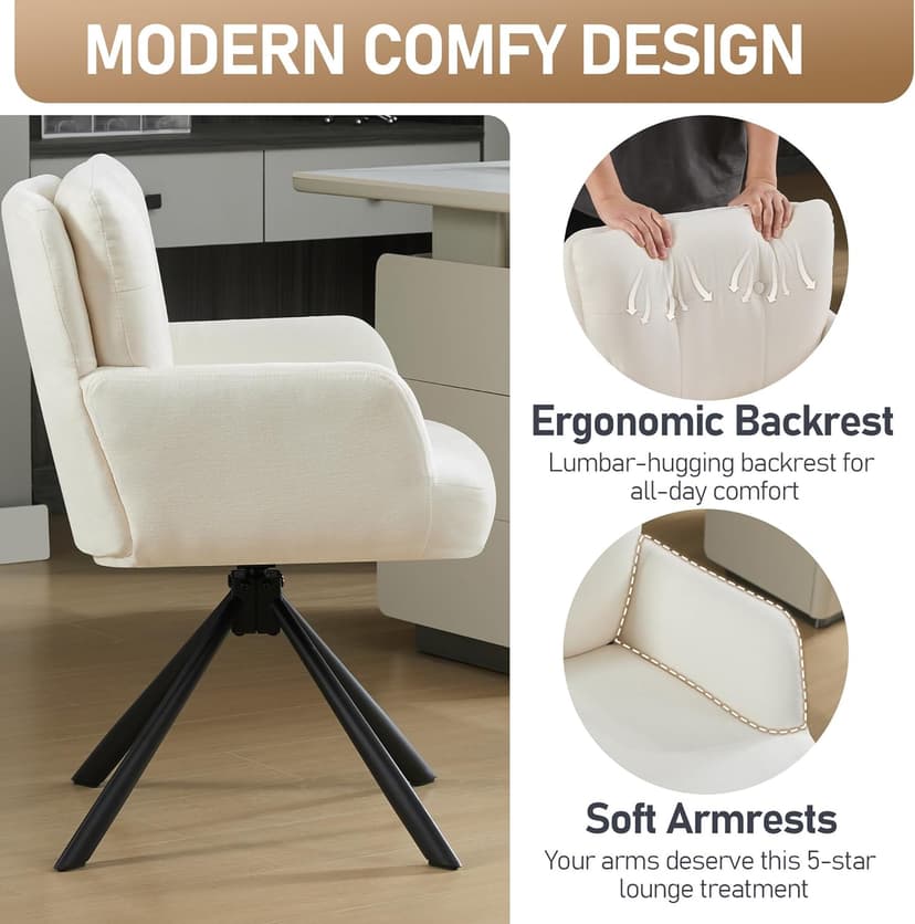 WUTUTUEE Fabric Dining Chair Modern Upholstered Swivel Dining Room Chairs Comfy Accent Armchair with Mid Back, Desk Arm Chair No Wheels for Kitchen/Living Room/Home Office, White