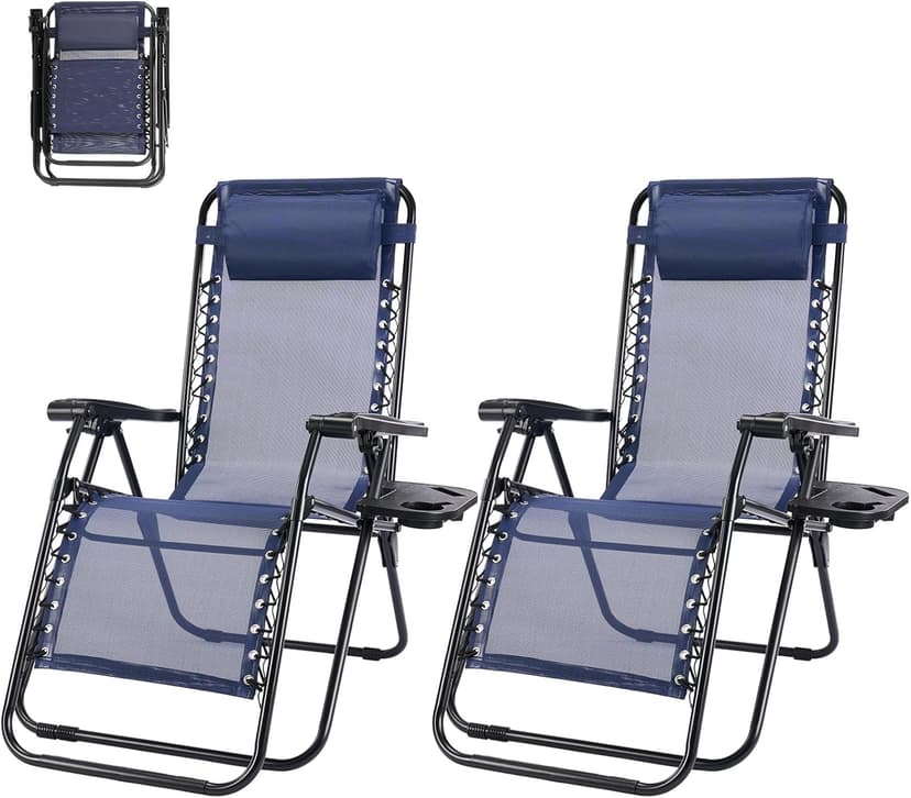 Zero Gravity Chair Set of 2, Adjustable Folding Reclining Lounge Chairs with Mesh Back, Adjustable Pillows & Cup Holder Trays, Outdoor Patio Lawn Chairs for Pool, Beach & Camping, Blue