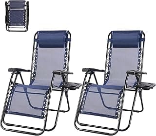 Zero Gravity Chair Set of 2, Adjustable Folding Reclining Lounge Chairs with Mesh Back, Adjustable Pillows & Cup Holder Trays, Outdoor Patio Lawn Chairs for Pool, Beach & Camping, Blue