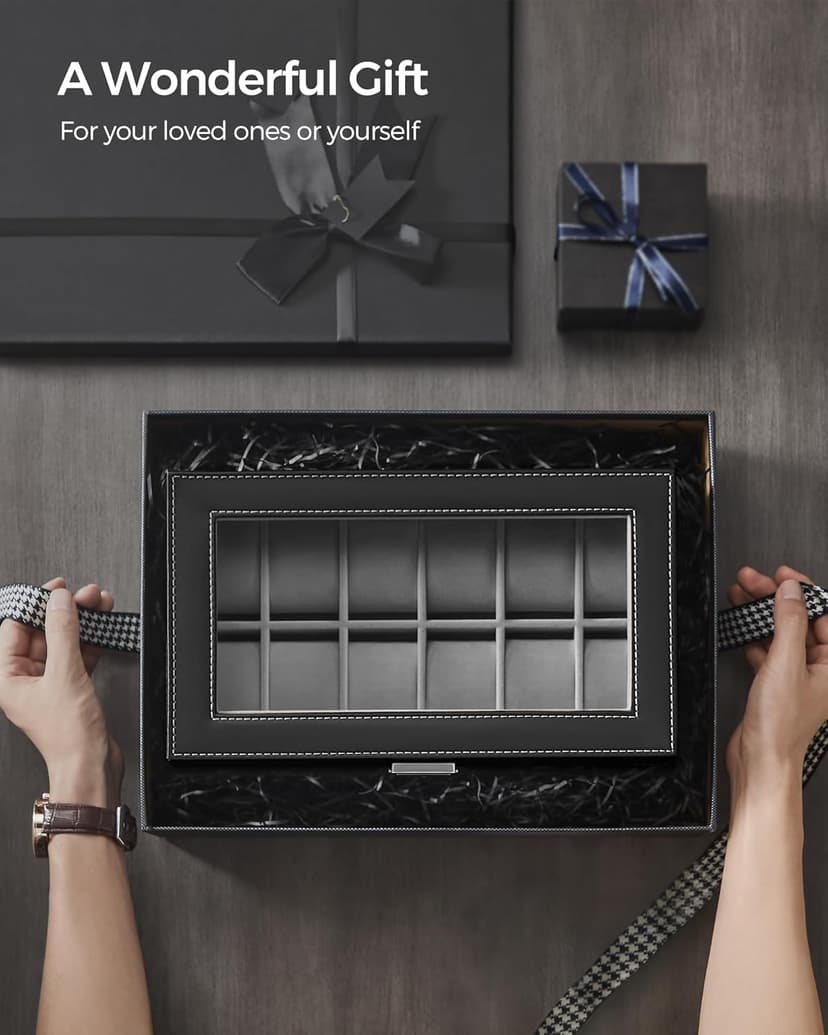SONGMICS SONGMICS Watch Box, 12-Slot Watch Case Organizer with Large Glass Lid, 2 Layers, Removable Pillows, Metal Lock, Gift for Loved Ones, Black Synthetic Leather, Gray Lining UJWB012
