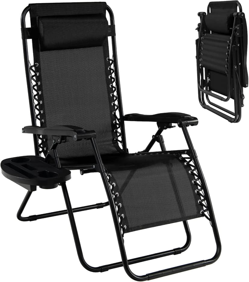 Goplus Zero Gravity Lounge Chairs, 160°Adjustable Folding Recliner w/Pillow and Cup Holder, 350LBS Comfy Outdoor Lounge Chairs for Patio, Lawn, Yard & Camp(1, Black)