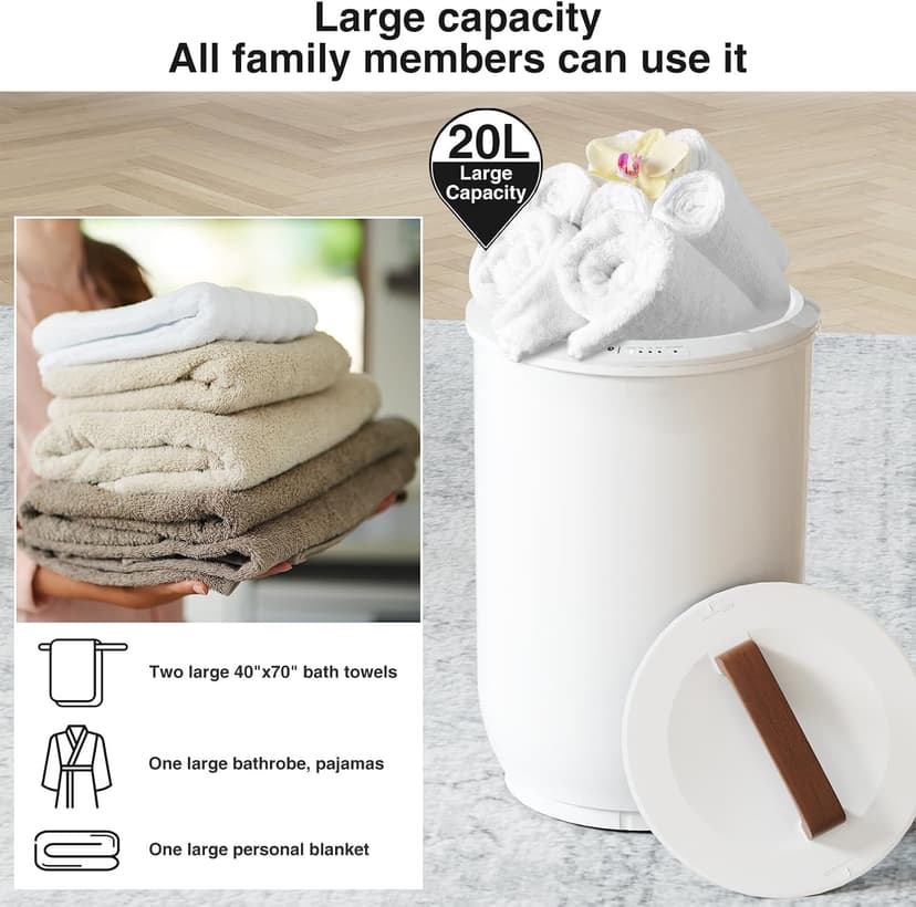 SAMEAT Heated Towel Warmers for Bathroom - Large Towel Warmer Bucket, Wood Handle, Auto Shut Off, Fits Up to Two 40"X70" Oversized Towels, White B0C7KQTXV1