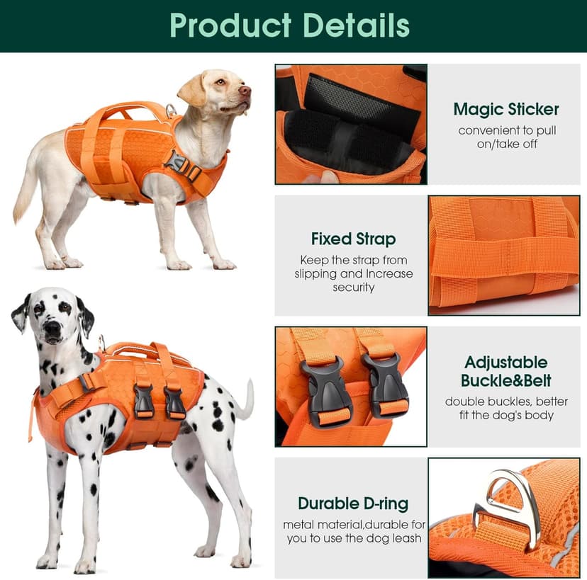 Kuoser Dog Life Jacket High Flotation, Reflective Dogs Life Vest for Swimming Boating, Adjustable Small Medium Large Dog lifejacket, Lightweight Dogs Life Preserver Rescue Handle Spring Summer Pool