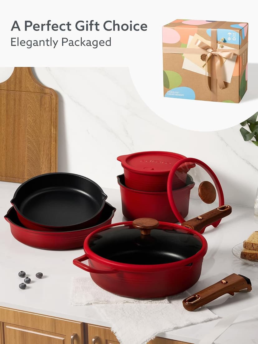 Non-Stick, Non-Toxic, Induction Compatible, Dishwasher & Oven Safe, Space Saving, Camping Cooking, House Warming Gift, Red CAROTE 20pcs Titanium Cookware Set, Detachable Handle Pots and Pans Set B0G6DTV7NG