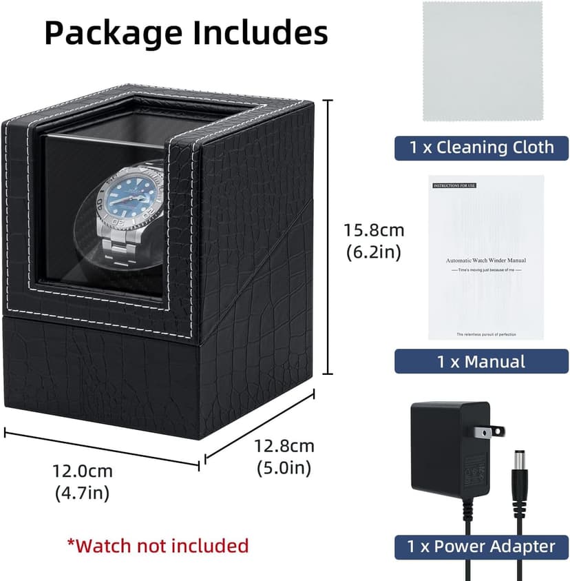 Mcbazel Mcbazel Single Watch Winder, Ultra Quiet Japanese Motor Automatic Watch Winder Box with Multiple Rotation Modes, Premium Watch Winder for Automatic Watches (AC/ Battery Powered) - Black with Crocodile Pattern