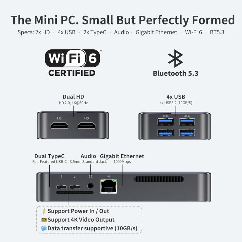 DreamQuest Mini Plus Mini PC Windows 11 Pro Preloaded, Intel N95 (Up to 3.4GHz)12GB DDR5 512GB SSD Mini Desktop Computers , 2*USB C, 2*HDMI, 4*USB 3.2, LAN,WiFi 6, Bluetooth5.3, Support 4K 60Hz