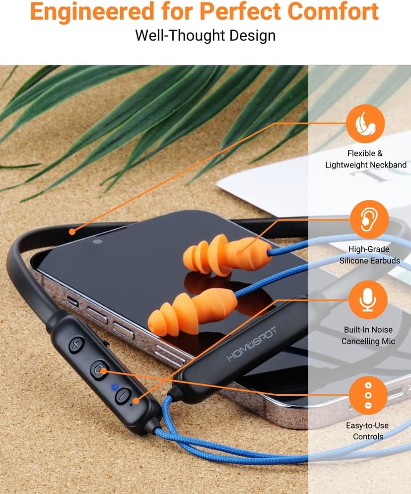 HomeSpot Noise Reduction Wireless Neckband Headphones with Qualcomm aptX HD, 27dB NRR, CVC Noise Cancelling Mic & Controls and 20H Playtime for Work Safety OSHA Compliant - Blue Wire Orange Earbuds