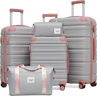 TAKUMI Luggage Sets 5 Piece Lightweight Carry On luggage with Duffel Bag ABS+PC Hardshell Suitcases with YKK zippers Double Spinner Wheels Travel Luggage with TSA Lock(GREY PINK, 5 PIECE SET)