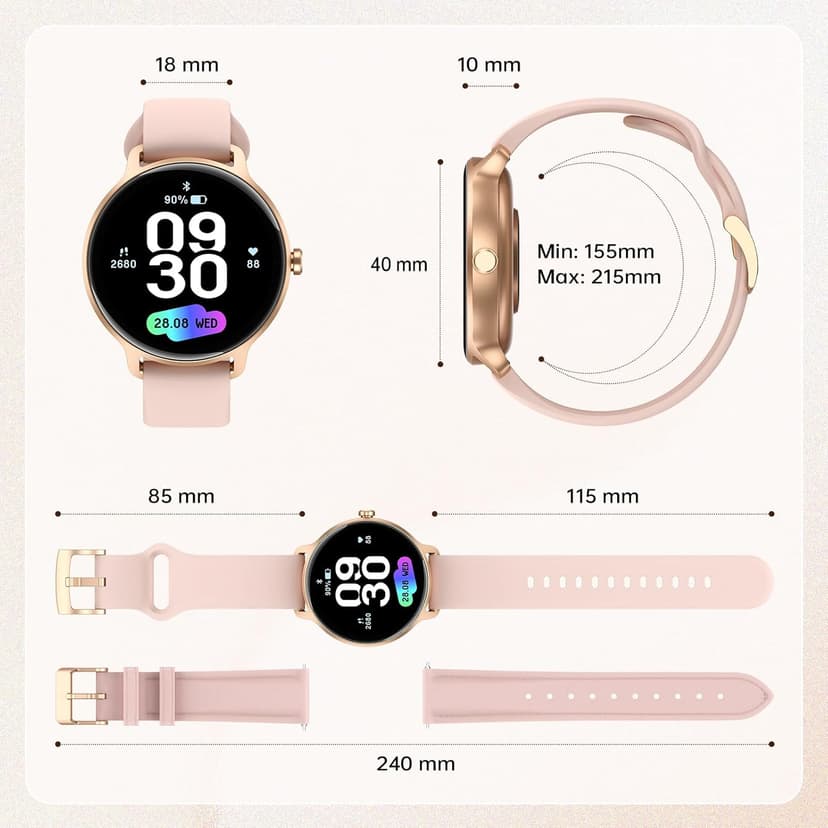 Smart Watch for Women, 1.27" AMOLED Screen Smartwatch with Answer/Make Call for iPhone/Android/Samsung, Fitness Tracker with 120+ Sport Modes, Heart Rate/Sleep/Health Monitor, IP68 Waterproof, 2 Bands
