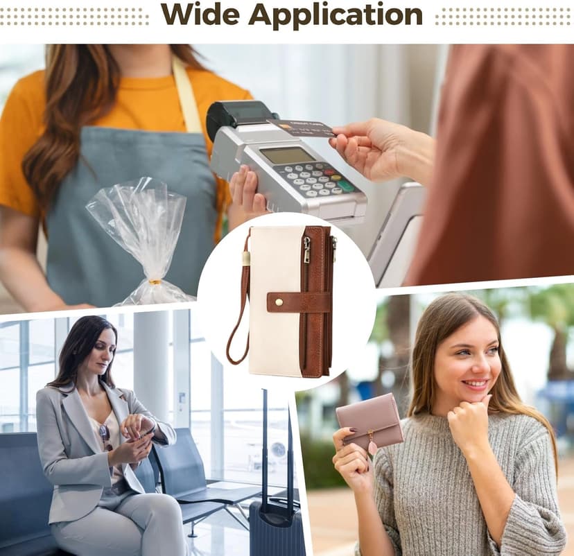 OMISTAR Women's RFID Blocking PU Leather Wallet, Trifold Clutch Purse with Wrist Strap, Multi-Compartment Credit Card Holder with Zipper Pockets for Cash, ID, Coins, Travel Essentials