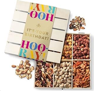 Happy Birthday Food Gift Basket, Healthy Nut Gift Tray, Birthday Snack Treat in Reusable Wooden Crate, Gourmet Assorted Food Delivery, Birthday Snack Box, For Men, Women and Families, Bonnie & Pop