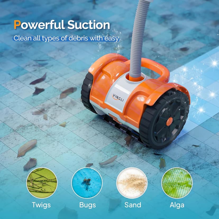 (2025 Upgrade) VINGLI Pool Vacuum Cleaner, Suction Side Wall-Climbing Sweeper for Ground&Inground Pools, Automatic Pool Vacuum with 39.6ft Tangle-Free Hose (Rich Orange&Gray)