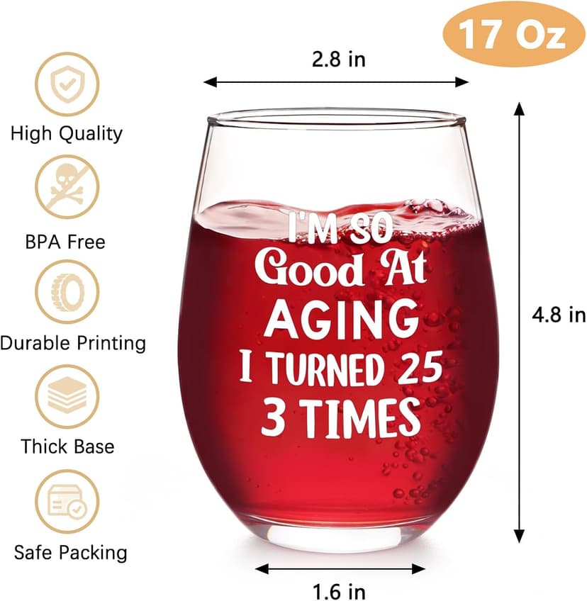 Futtumy 75th Birthday Gifts for Women, Turned 25 3 Times Wine Glass, Gifts for 75th Birthday Women Mom Grandma Wife Daughter Sister Friend Aunt Female, Funny 75th Birthday Decoration for Her, 17oz B0GKP1QFRF