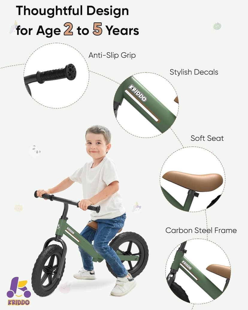 KRIDDO Toddler Balance Bike 2 Year Old, Kids Balance Bike for 2-5 Years Old, Dual Bearing for Smoother Riding, Adorable Plate, Adjustable Seat and Handlebar, Toddler Bike Gifts Age 2-3, Green
