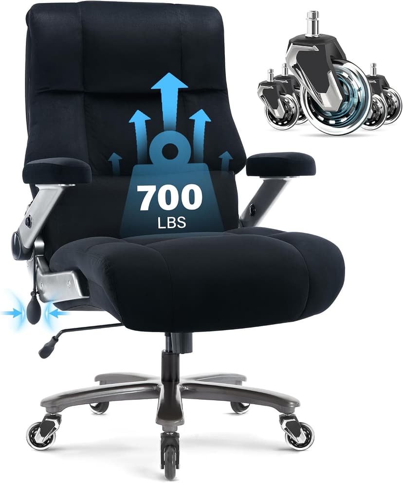 Big and Tall Office Chair 700lbs- Executive Desk Chair with Adjustable Lumbar Support 3D Flip UP Arms- Heavy Duty Quiet Wheels Metal Base Ergonomic Computer Chairs, Black