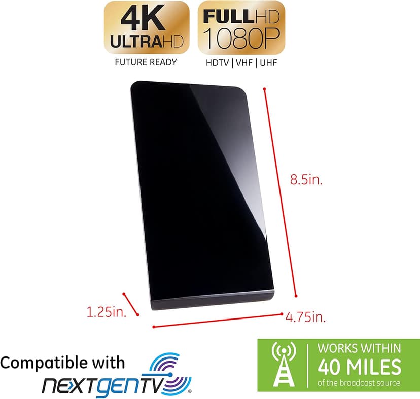 GE Flat Panel Indoor HD Digital TV Antenna, Long Range Smart TV Antenna, Supports 4K 1080P HD Smart TV VHF UHF, Extendable Dipole Rabbit Ears, Adjustable Stand, 5ft Coax HDTV Cable, 33681