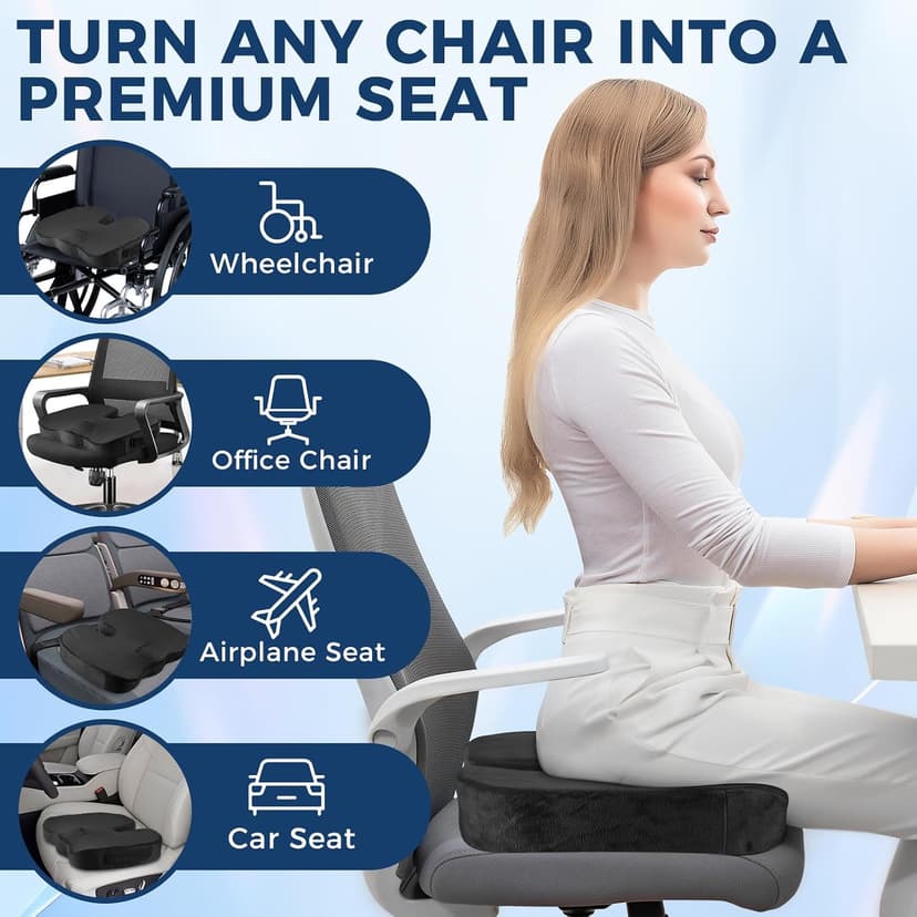 Gel Memory Foam Layer Wheelchair Cushion - Wheelchair Office Chair, Kitchen Chair, Car Seat - Pressure Pain and Tailbone Pain Relief - High Density Foam Base (Black)