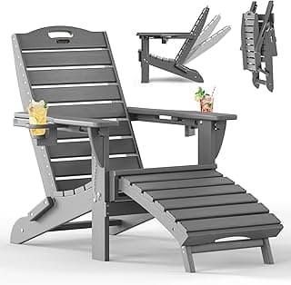 Folding Adirondack Chair with Retractable Ottoman, Weather Resistant Fire Pit Chair Patio Chair with 2 Cup Holder Lawn Outdoor Lounge Chair (Grey)