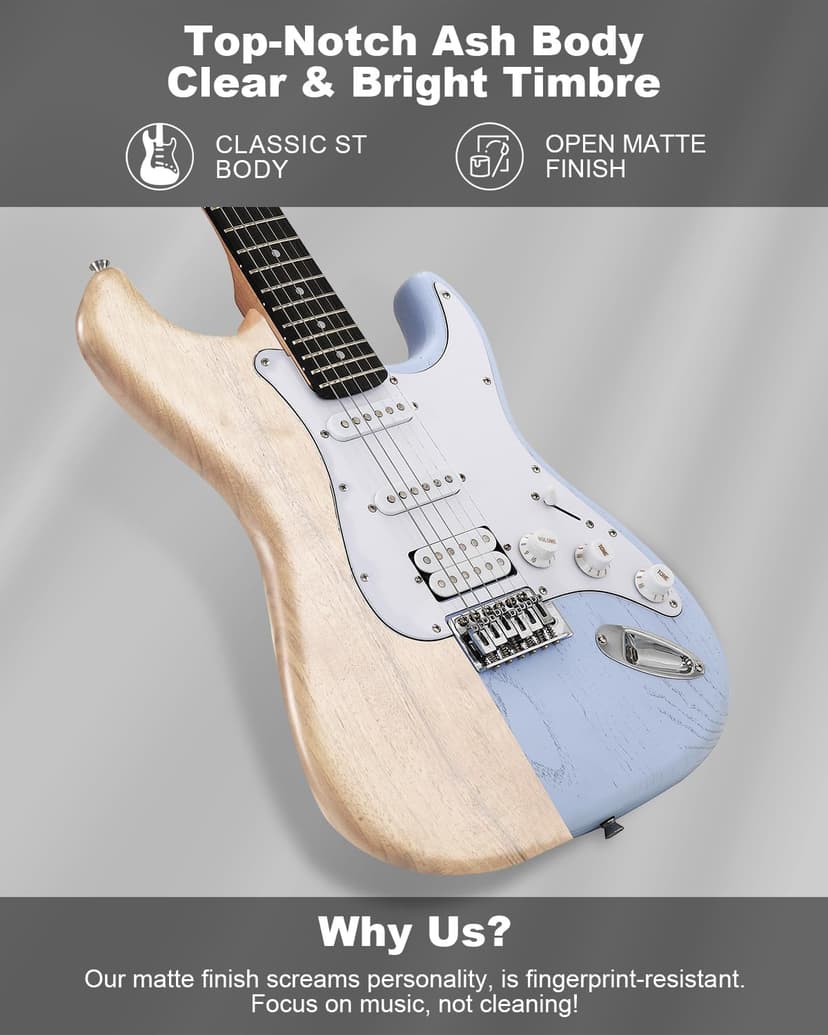 RVONE RST-150 39”Beginner Electric Guitar Kit with Amplifier, Classic HSS Pickup, Electric Guitar with Gig Bag, Capo, Strap, Extra Strings, Digital Tuner, 3 Picks, Cleaning Cloths (1-Blue)