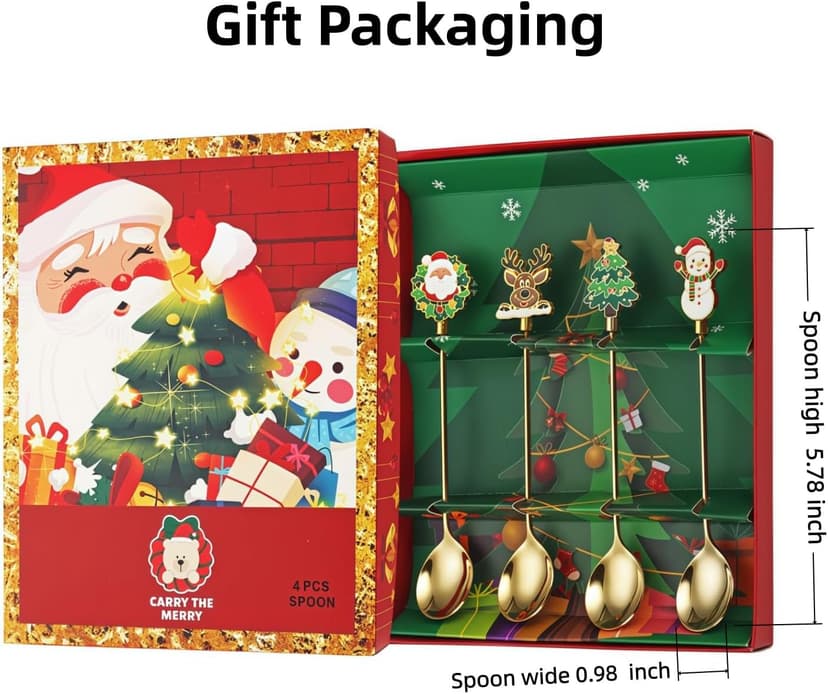 Christmas Teaspoon Gift Set of 4 |Premium 5.6 Inch Stainless Steel Small Spoon | Coffee Spoons for Dessert & Tea | Christmas Decorations Indoor & Kitchen Decor | Hostess Gifts
