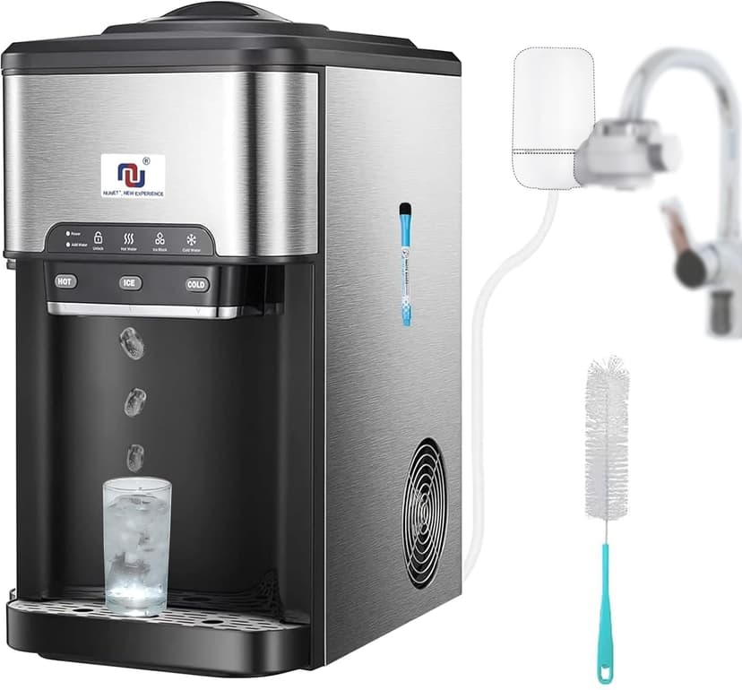 NUNET 3 - in - 1 Ice Maker, Water Dispenser & Water Cooler - Water Line Fill w/ 10ft Hose (1/2" & 1/4" Connector) - Hot/Cold Water - 44 lbs Ice Daily, 4lb Ice Storage