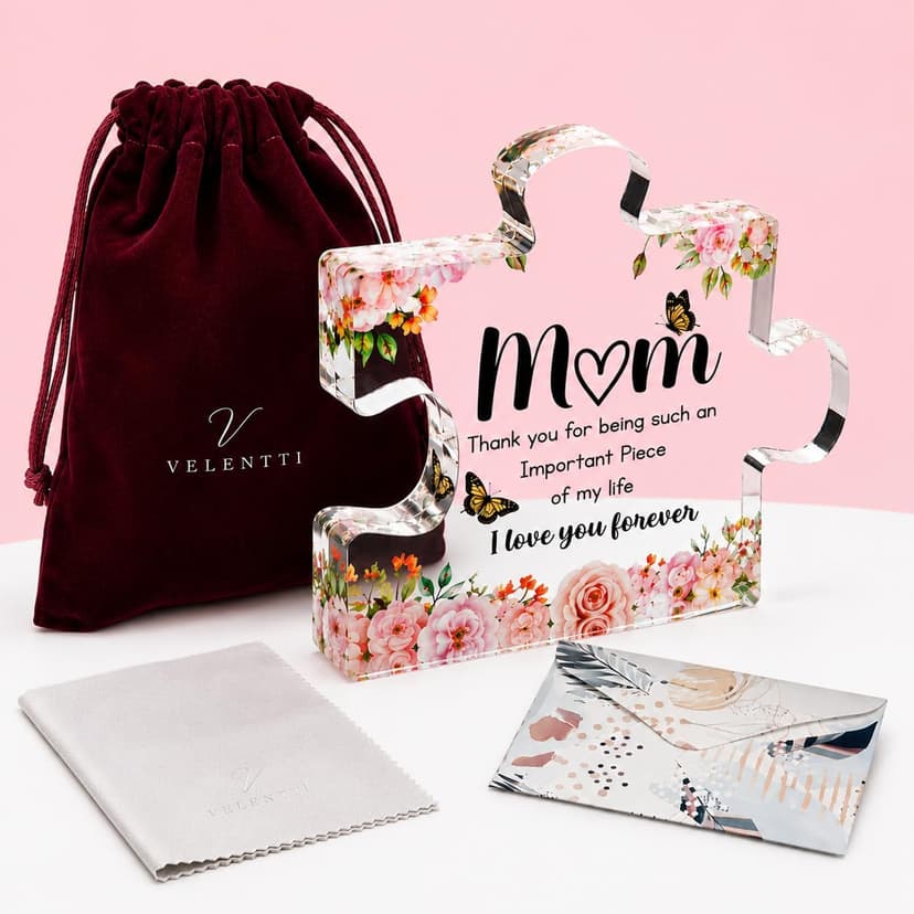 VELENTI Gifts for Mom - Cute Engraved Acrylic Block Puzzles Piece - Adorable Mom Gift from Son, Daughter - Fun Christmas, Mothers Day, Birthday Gift Idea for Mom - Fancy Decoration Piece for Home