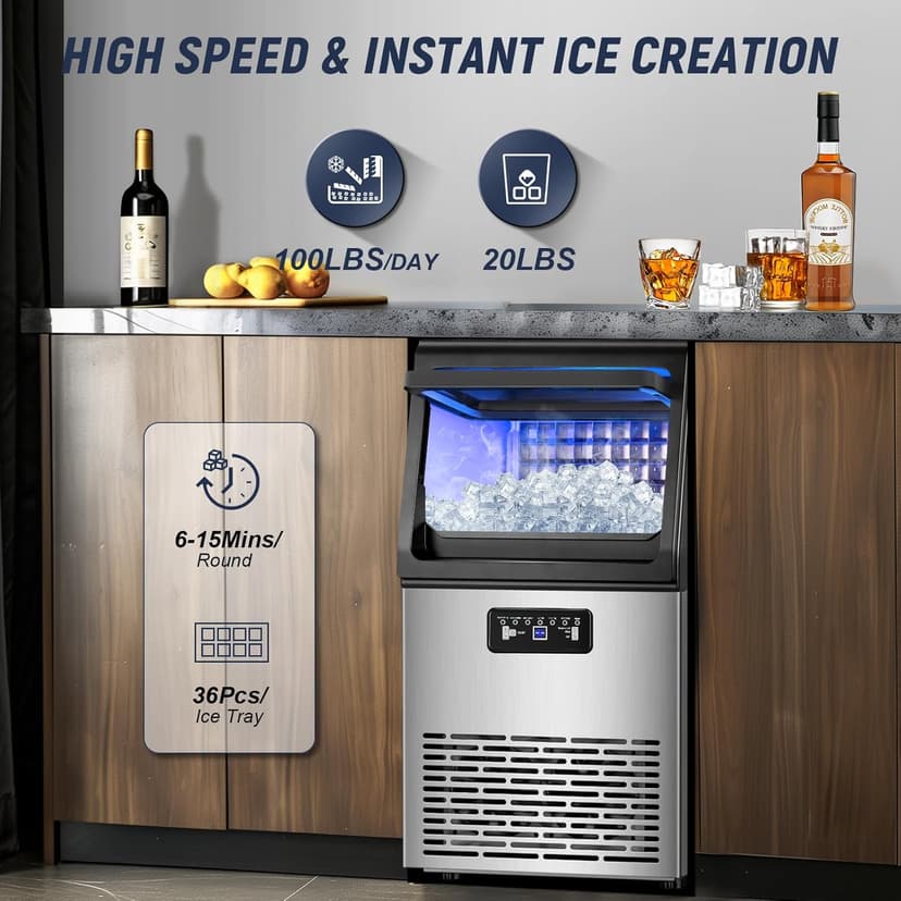 SOZT® Under Counter Ice Maker Machine, 100LBS/24H Stainless Steel Commercial Ice Machine, 20LBS Storage Capacity, Self-Cleaning Freestanding Ice Cube Maker for Home, Bar, Restaurant, Office