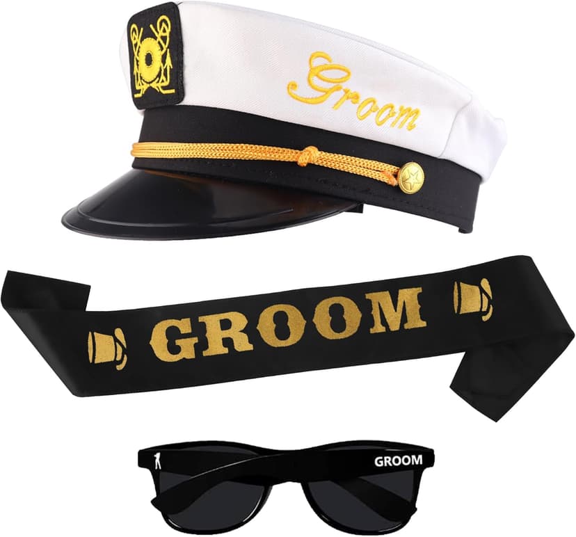 Bachelor Party Captain's Hat, Glasses, Sash Set - Groom To Be Accessories Set Includes Captain's Hat Groom Sunglasses Groom Sash Funny Bridal Shower Groomsman Wedding Gifts Favors Decor Decorations