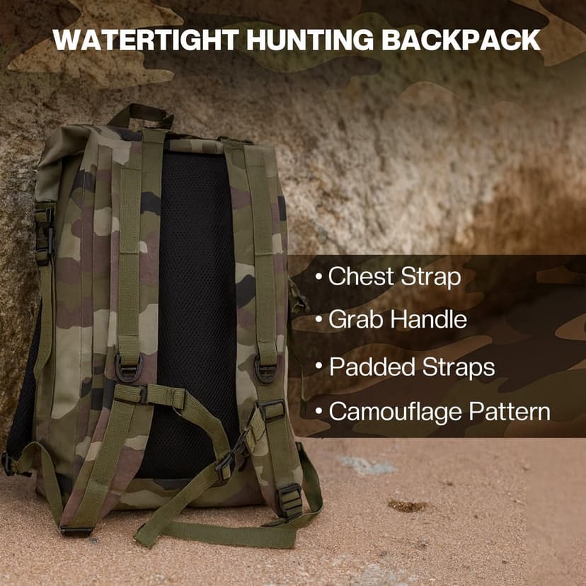 Dead Bird Enterprises Roll Top Waterproof Backpack, 25L Camouflage Pattern Dry Bag with MOLLE Loops and Adjustable Straps, WaterTight Duck Hunting Backpack for Camping, Hiking and Outdoor Travel