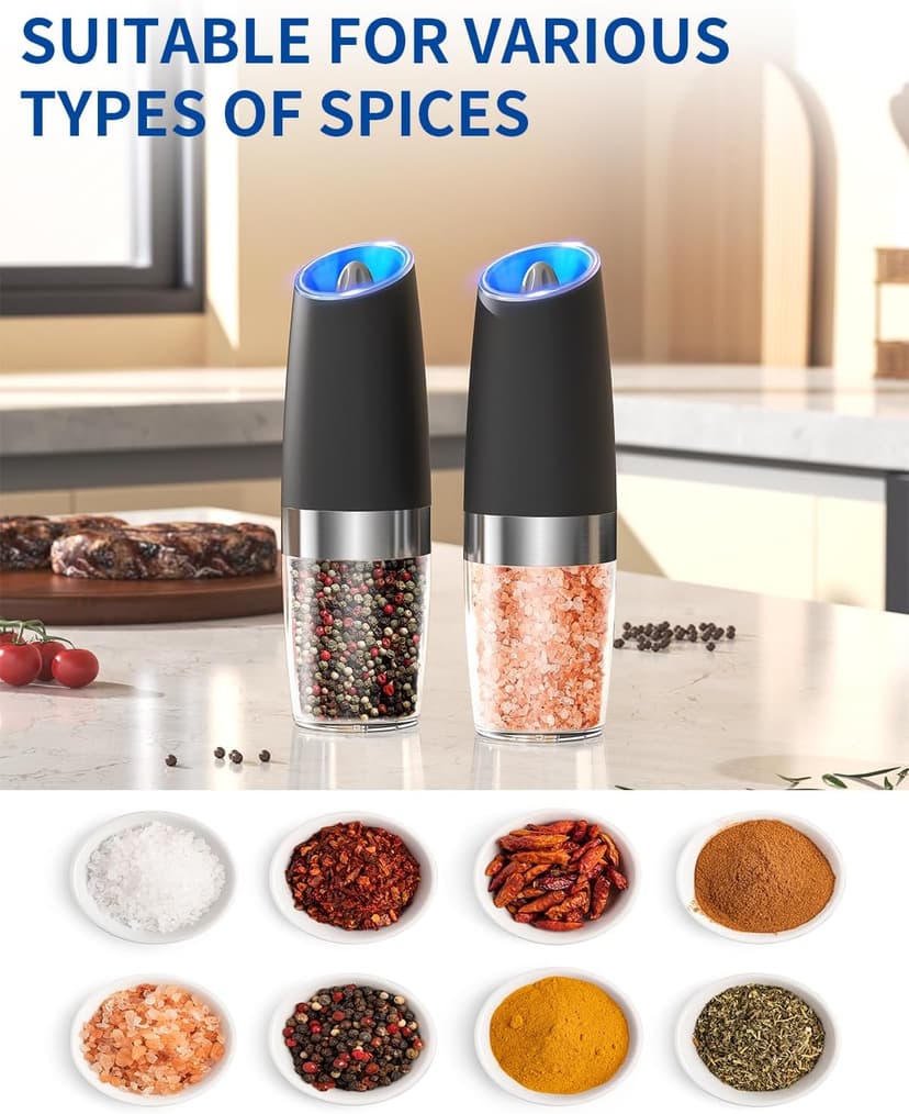 CIRCLE JOY Gravity Electric Salt and Pepper Grinder Set Automatic Salt and Pepper Grinder Set with LED Light, Battery Operated, Adjustable Coarseness, Large Capacity, for Home Kitchen BBQ, Black B0DFY5TNFX