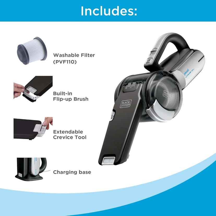 BLACK+DECKER dust buster PIVOT VAC Handheld Vacuum Cordless, Car Vacuum Portable Rechargeable, Extendible Crevice Tool and 200 Degree Pivoting Nozzle, Strong Suction, Lightweight (BDH2000PL)