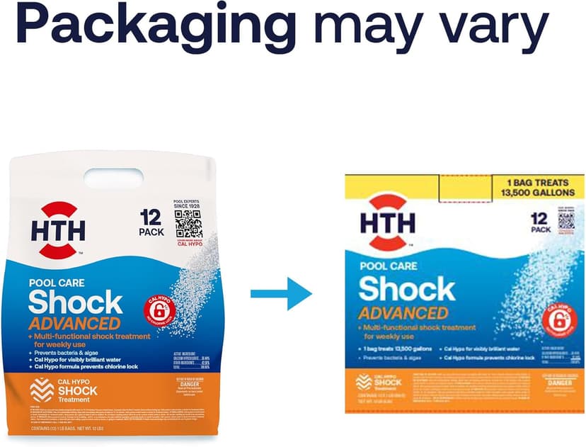 HTH 52037R Pool Care Shock Advanced, Swimming Pool Chemical - Cal Hypo Formula, Prevents Bacteria & Algae, Restores Crystal Clear Water - Shock Treatment, 1lb (12 Pack)