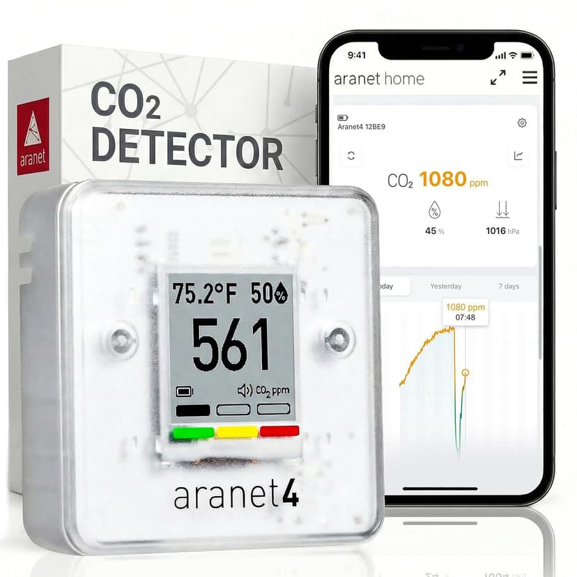 SAF Aranet4 Home: Wireless Indoor Air Quality Monitor for Office or School (CO2, Temperature, Humidity and More) Portable, Battery Powered, E-Ink Screen, App for Configuration & Data History