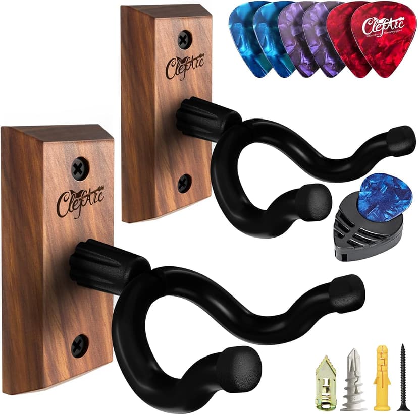 ClefArc Guitar Wall Mount 2 Pack - U-Shape Guitar Wall Hangers, Guitar Stand Wall, Black Walnut Guitar Hanger, Pick Holder, Gifts for Guitarists, with 6 Assorted Guitar Picks