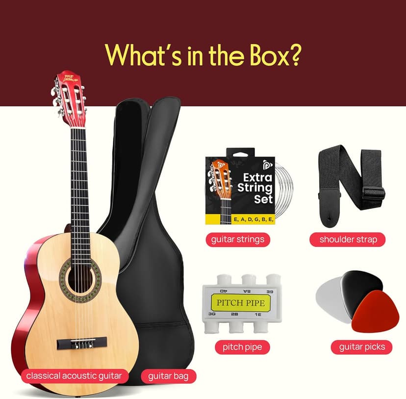 Pyle 30-Inch Beginner Acoustic Guitar Kit, 6-String Classical Style Travel Guitar for Kids & Adults - Includes Shoulder Strap, Strings, Picks, Tuning Pitch Pipe & Storage Gig Bag - Handcrafted Wood