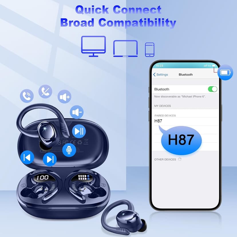 Hupoaf Wireless Earbuds Sport, New Bluetooth 5.4 Headphones with Earhooks, 50H Stereo Deep Bass Over Ear Buds with 4 ENC Noise Canceling Mics, IP7 Waterproof Earphones for Running Workout Gym -Blue