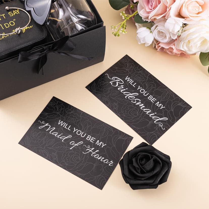 4 Sets Black Bridesmaid Proposal Gifts, Maid of Honor Gift Includes Wedding Gift Box Jewelry Box Makeup Bag Bracelet Foam Flower Invited Card Glasses Cup Hair Tie for Bridal Shower Bachelorette Party